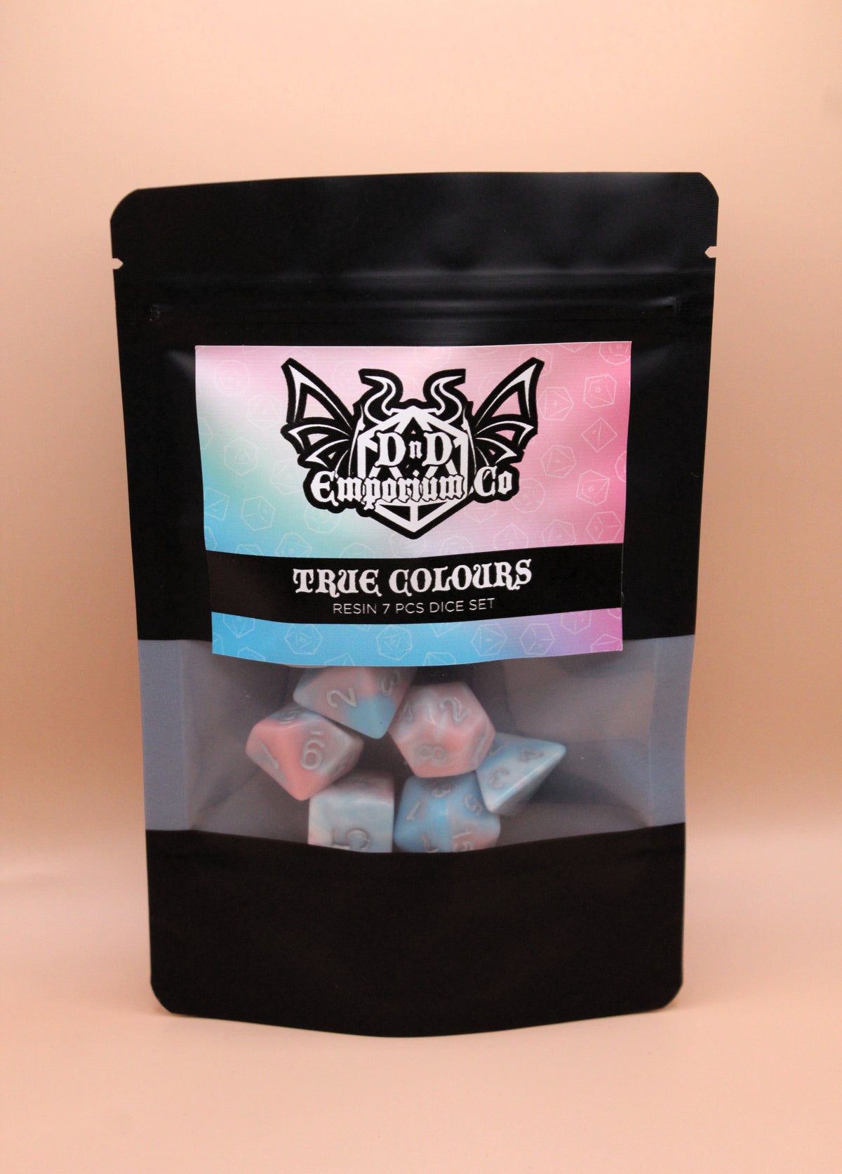 True Colours | Trans Flag Colours 7 Pcs Dice Set | Blue Pink & White Resin DnD Dice Set
