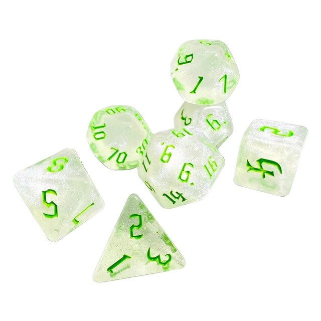 Glitter White and Green 7 Pcs Dice Set DnD