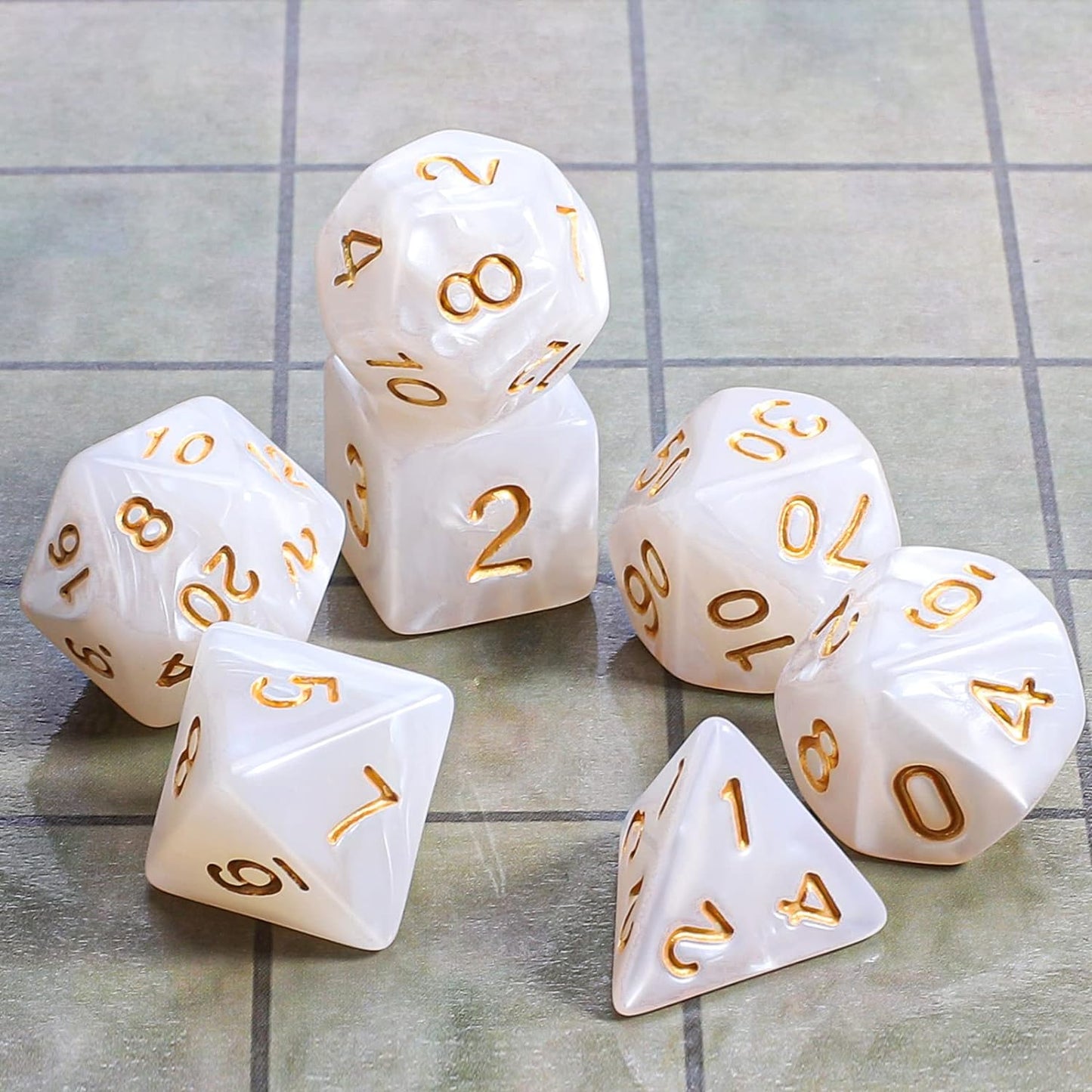 Marbled White and Gold 7 Pcs Dice Set DnD