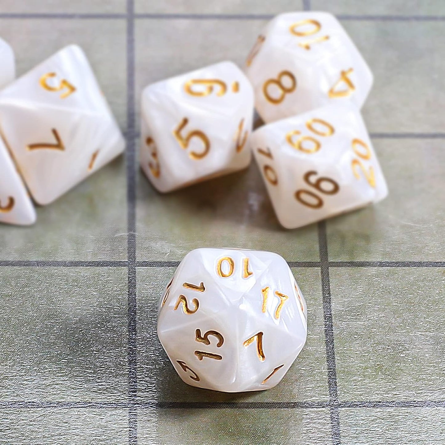 Marbled White and Gold 7 Pcs Dice Set DnD