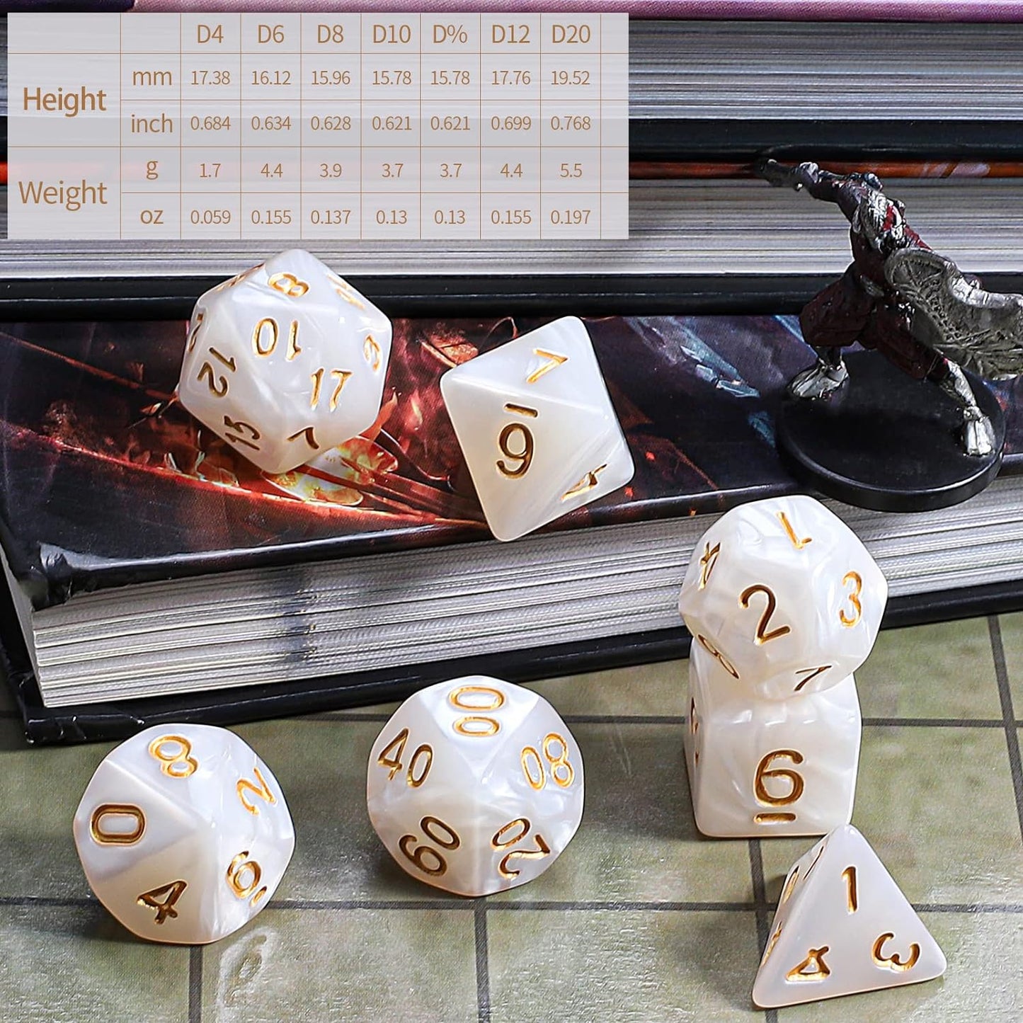 Marbled White and Gold 7 Pcs Dice Set DnD