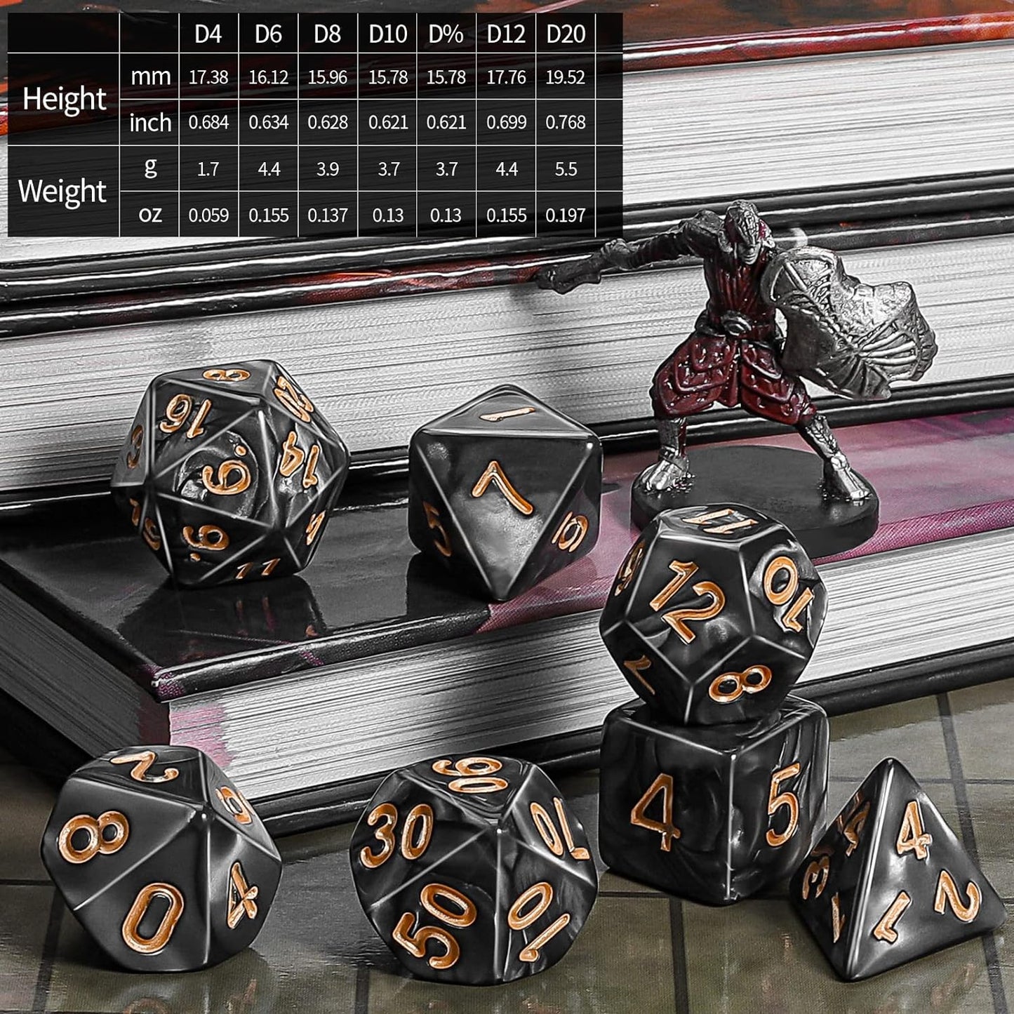 Marbled Black and Gold 7 Pcs Dice Set DnD