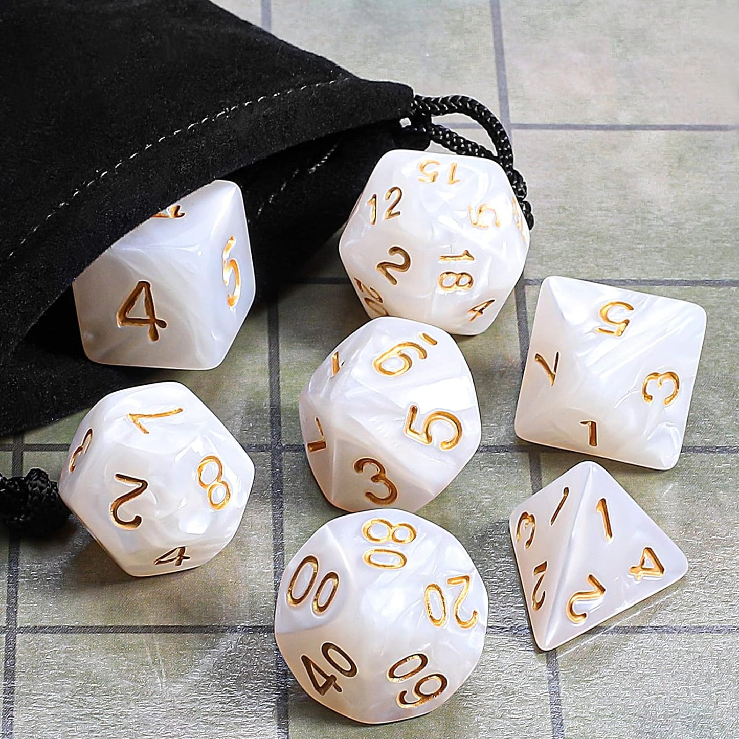 Marbled White and Gold 7 Pcs Dice Set DnD