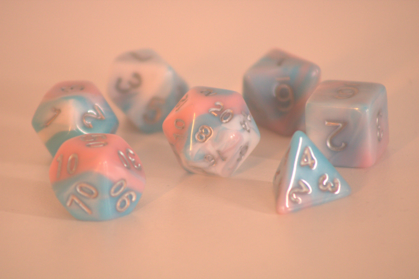True Colours | Trans Flag Colours 7 Pcs Dice Set | Blue Pink & White Resin DnD Dice Set