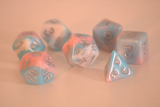 True Colours | Trans Flag Colours 7 Pcs Dice Set | Blue Pink & White Resin DnD Dice Set