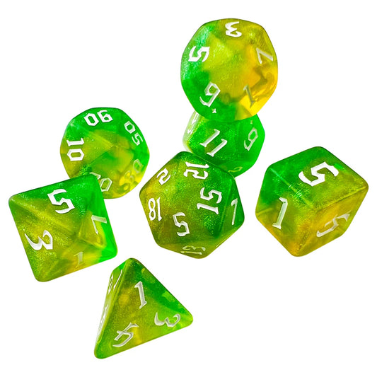 Glitter Green and Yellow 7 Pcs Dice Set DnD