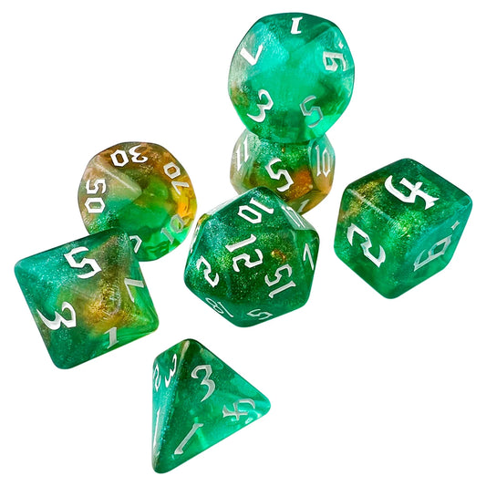 Glitter Green and Orange 7 Pcs Dice Set DnD