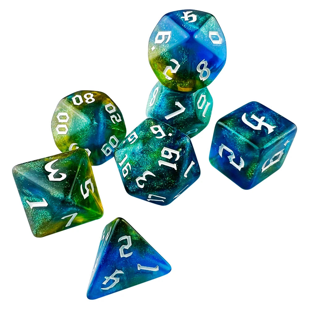 Glitter Dark Blue and Yellow 7 Pcs Dice Set DnD