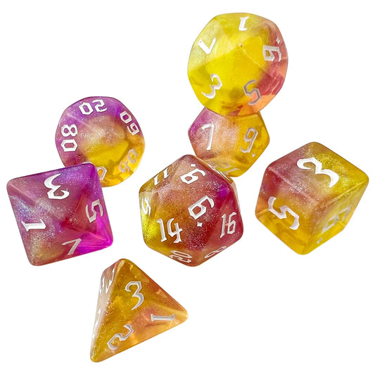 Glitter Pink and Yellow 7 Pcs Dice Set DnD