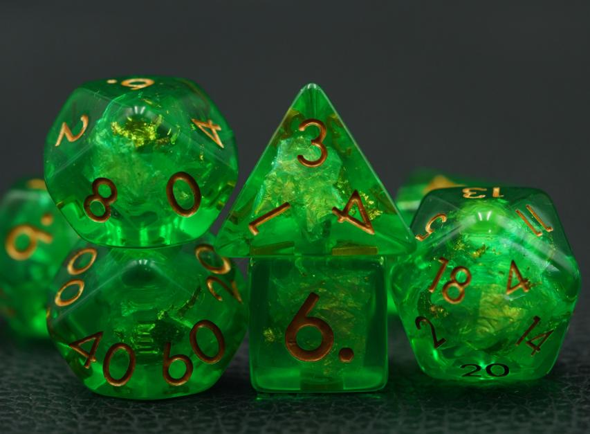 Poison Cloud - Green and Gold Shimmer 7 Pcs DnD Dice Set
